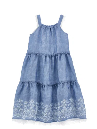 Ermanno Scervino Kids  Long Floral Embroidery Dress In Blue