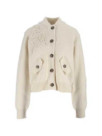 Ermanno Scervino Knitted Cropped Decorative Appliques Bomber Jacket In Neutral
