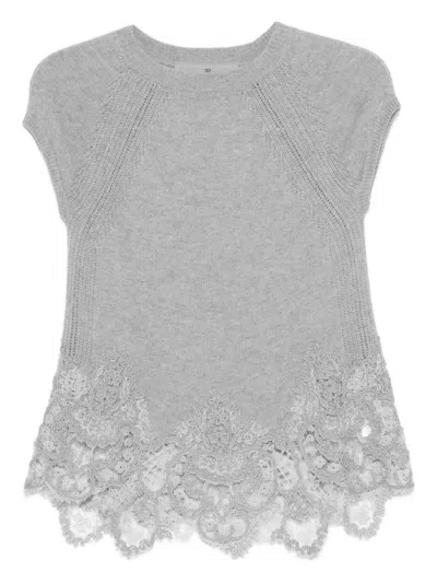 Ermanno Scervino Lace Cashmere Top In Gray