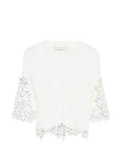 Ermanno Scervino Cotton Cardigan Cropped Lace Short Sleeves V Neckline In White