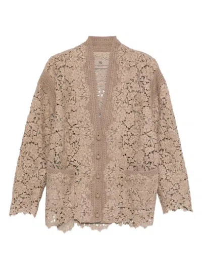 Ermanno Scervino Lace-detail Cardigan With Scalloped Hemfront In Brown
