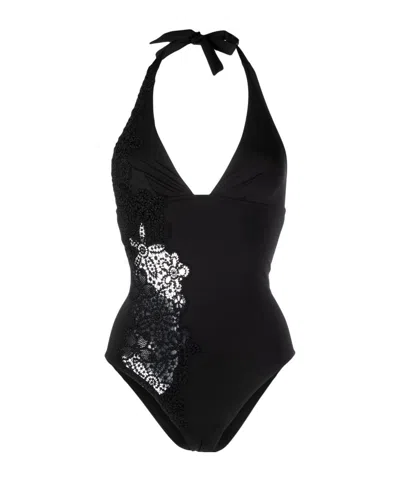 Ermanno Scervino Lace-detail Halterneck Swimsuit In Black
