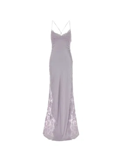 Ermanno Scervino Satin Long Dress Lace Sheer Panels In Purple