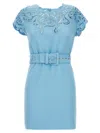 Ermanno Scervino Lace Dress With Belted Waist And Cap Sleeves In Blue