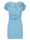 Ermanno Scervino Lace Dress With Belted Waist And Cap Sleeves In Blue