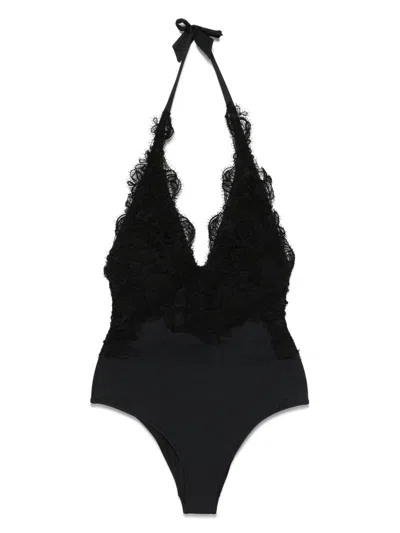 Ermanno Scervino Lace Detail V-neck Halter Swimsuit In Black