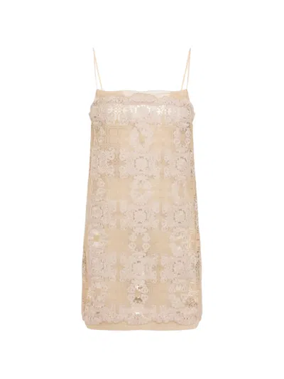 Ermanno Scervino Polyester Mesh Mini Dress Straight Neckline In Brown