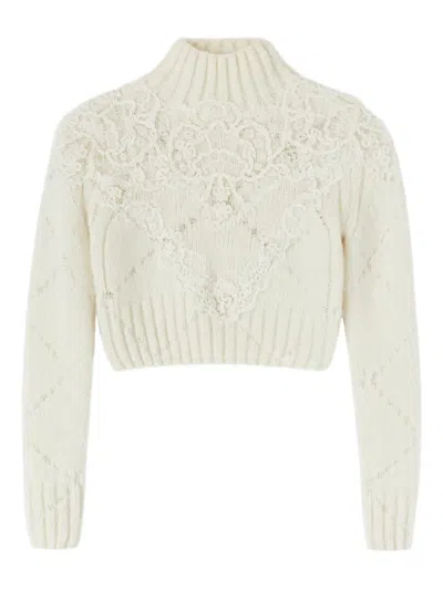 Ermanno Scervino Lace-embellished Diamond-pattern Sweater In Neutral
