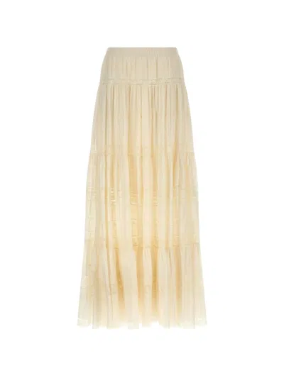 Ermanno Scervino Tiered Lace Detail Sheer Midi Skirt In Yellow