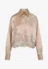 Ermanno Scervino Silk Shirt Embroidered Scalloped Hem In Brown