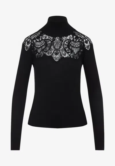 Ermanno Scervino Lace-insert Wool-blend Sweater In Black