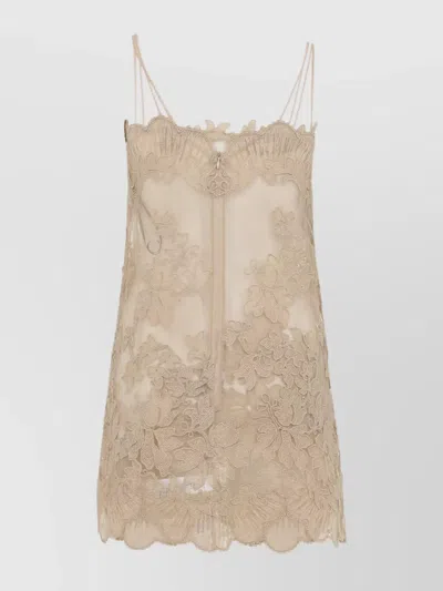 Ermanno Scervino Lace Overlay Mini Dress With Spaghetti Straps In Brown