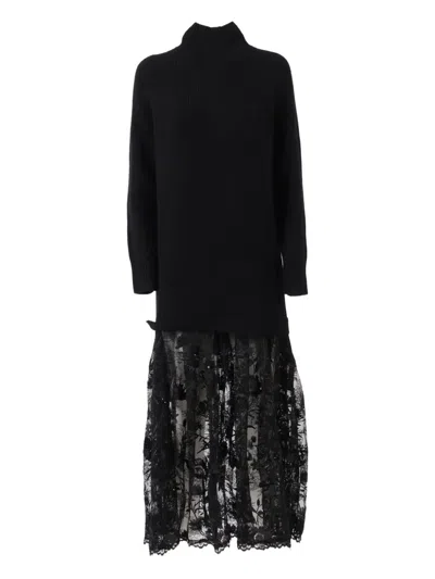 Ermanno Scervino Lace Panelled Midi Dress In Black