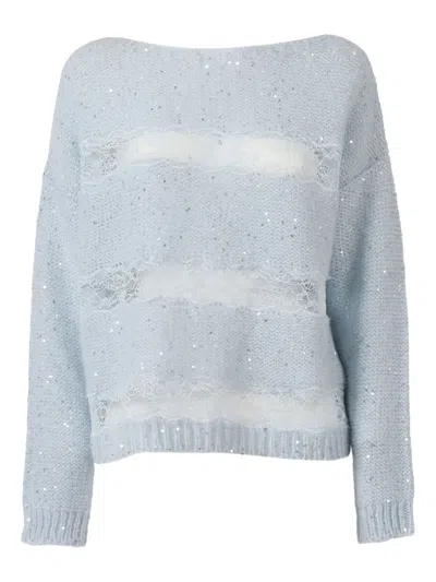 Ermanno Scervino Lace Sequin Boat-neck Sweater In Blue