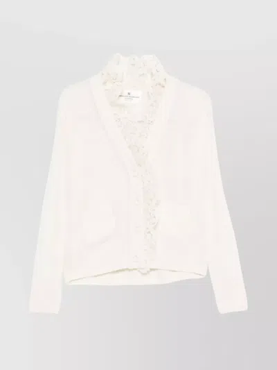 Ermanno Scervino Lace Trim Cashmere Cardigan Featuring Pockets In White