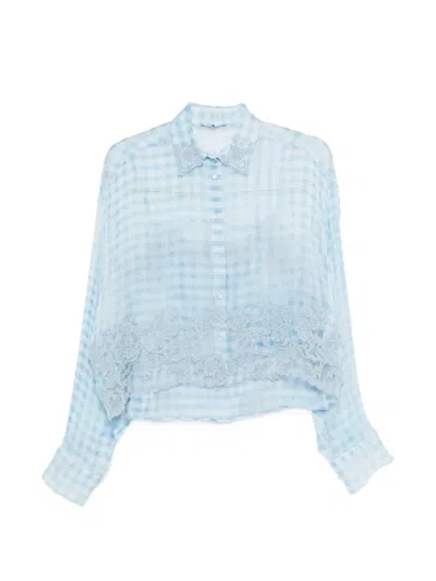 Ermanno Scervino Lace-trim Check-pattern Shirt In Blue