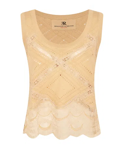 Ermanno Scervino Lace-trimmed Pointelle-knit Top In Brown