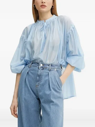 Ermanno Scervino Lace-trimmed Balloon-sleeve Top In Blue