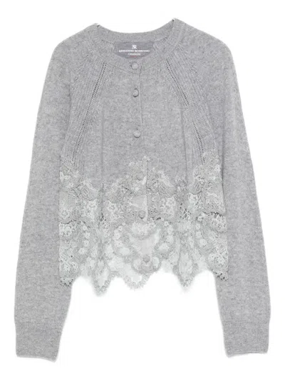 Ermanno Scervino Cashmere Cardigan With Scalloped Hem And Lace In Gray