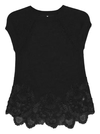 Ermanno Scervino Lace-trimmed Knit Top In Black