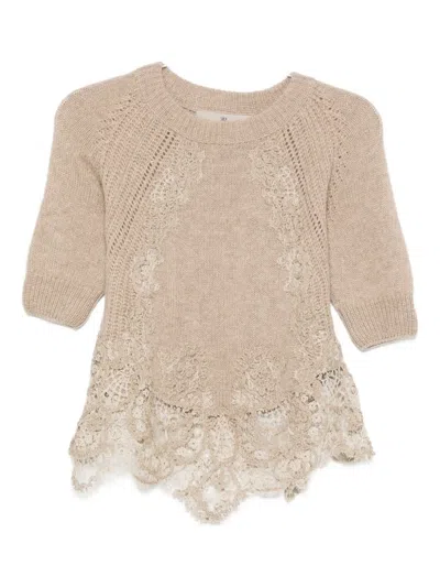 Ermanno Scervino Lace-trimmed Knit Top In Brown