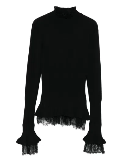 Ermanno Scervino Lace-trimmed Ruffled Sweater In Black