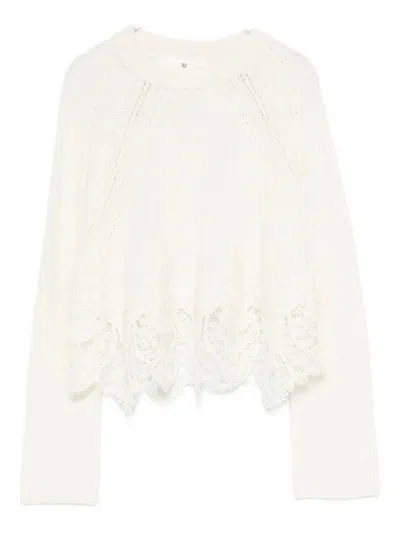 Ermanno Scervino Cropped Cashmere Sweater Lace Hem In White