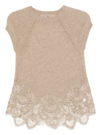 Ermanno Scervino Lace-trimmed Top In Sand