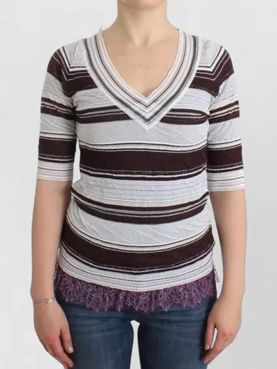 Ermanno Scervino Lace V Neck Knit Short Sleeve Top In Brown