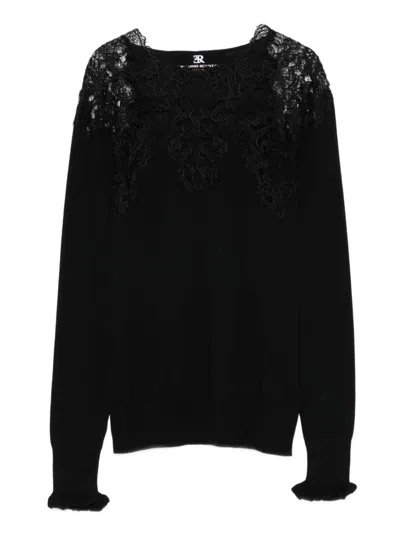 Ermanno Scervino Long Sleeve Sweater With Lace Overlay In Black