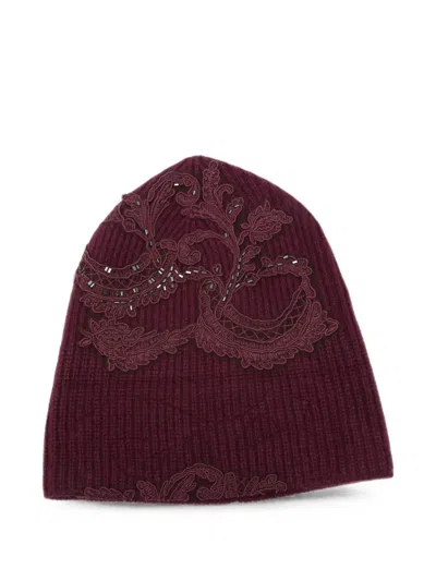 Ermanno Scervino Lace-appliqué Beaded Beanie Hat In Burgundy