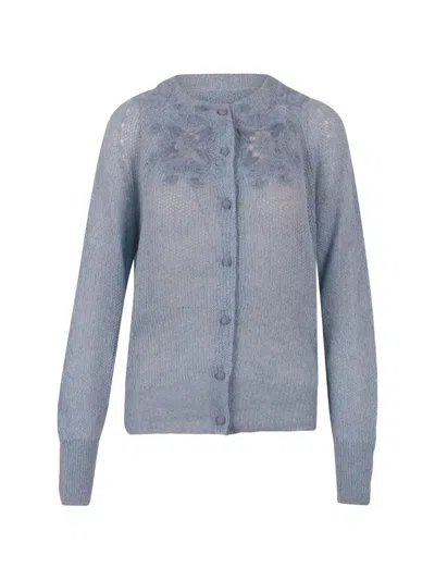 Ermanno Scervino Lace-appliqué Open-knit Cardigan In Blue