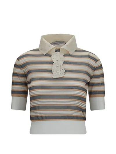 Ermanno Scervino Lace-collar Striped Polo Top In Brown