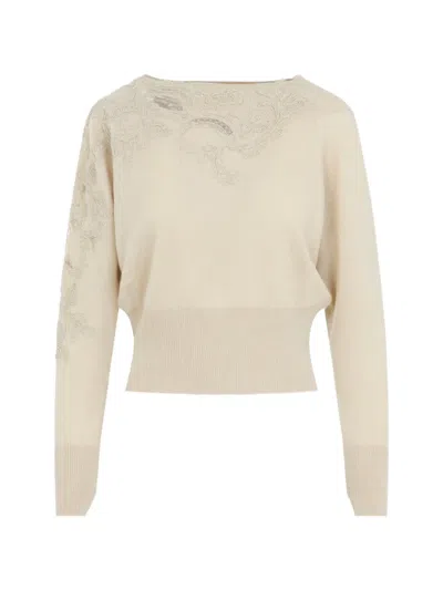 Ermanno Scervino Feminine Lace Knit Sweater Bateau Neckline In Neutral
