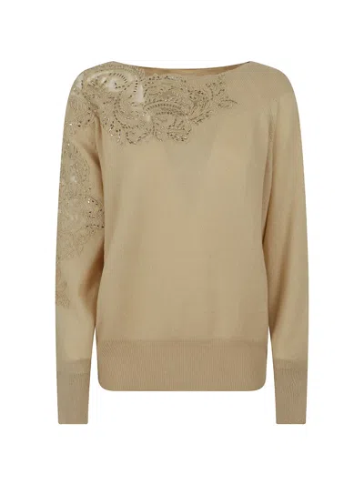 Ermanno Scervino Lace-embellished Crystal-detail Sweater In Neutral