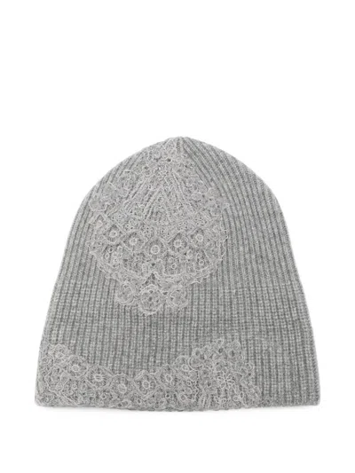Ermanno Scervino Lace-embellished Ribbed-knit Beanie Hat In Gray