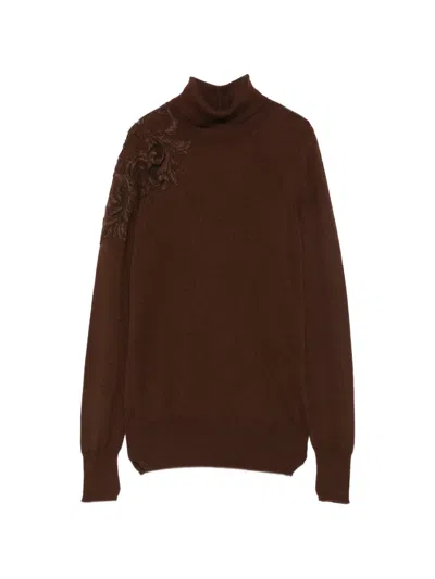 Ermanno Scervino Lace-embellished Roll-neck Sweater In Brown