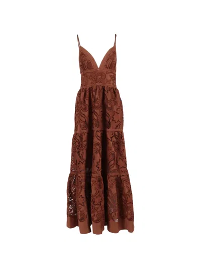 Ermanno Scervino Lace-embroidered Tiered Maxi Dress In Brown