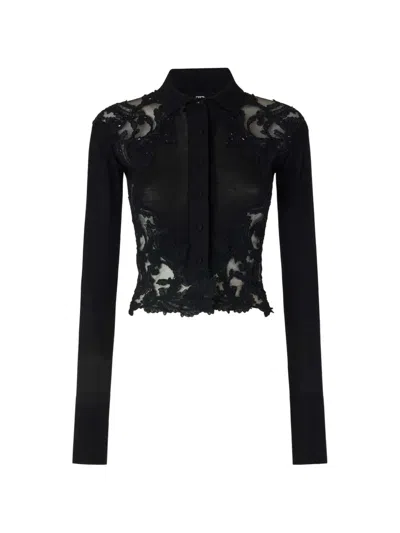 Ermanno Scervino Lace-embroidered Wool Shirt In Black