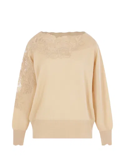 Ermanno Scervino Lace-insert Boat-neck Sweater In Neutral
