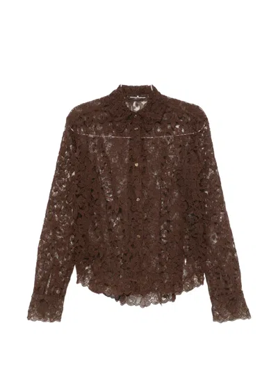 Ermanno Scervino Lace-overlay Long-sleeve Shirt In Brown