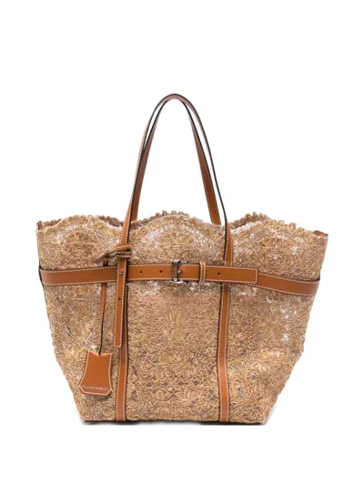 Ermanno Scervino Lace-overlay Tote Bag In Brown