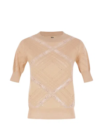 Ermanno Scervino Lace-panelled Pointelle-knit Top In Neutral