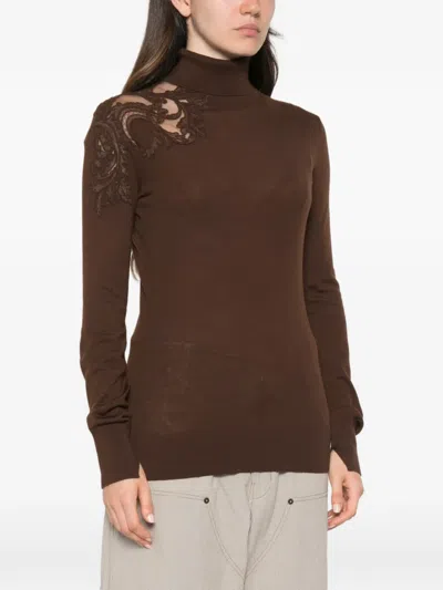 Ermanno Scervino Wool Turtleneck Sweater Embroidered Detail Sleeves In Brown