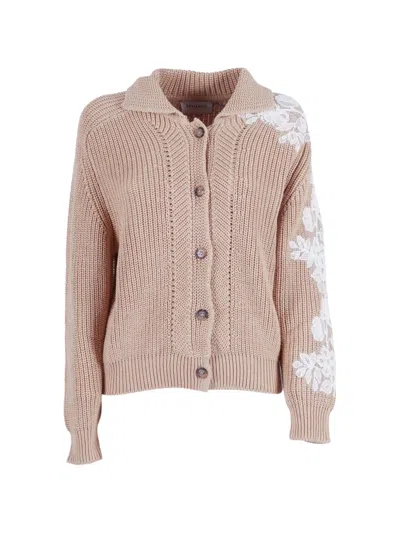 Ermanno Scervino Lace-patch Chunky-knit Cardigan In Pink