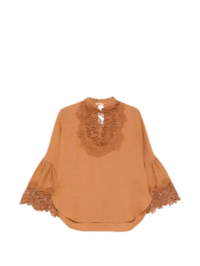 Ermanno Scervino Lace-trim Blouse In Brown