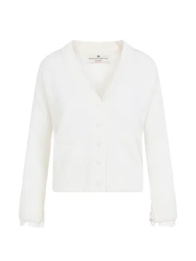 Ermanno Scervino Lace Trim V Neck Chunky Knit Cardigan In White