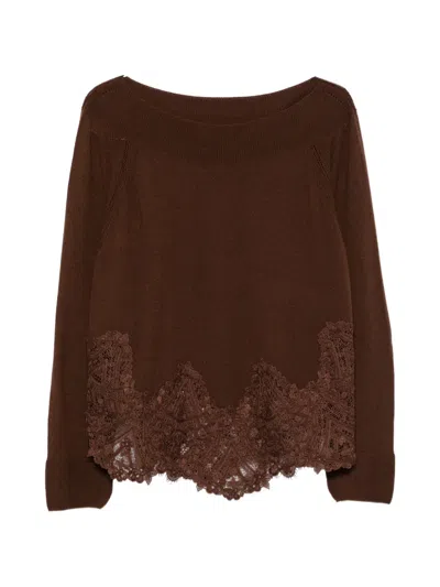 Ermanno Scervino Lace-trim Cashmere Sweater In Brown