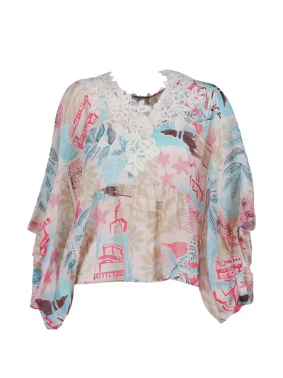 Ermanno Scervino Lace-trim Floral-print Blouse In Neutral