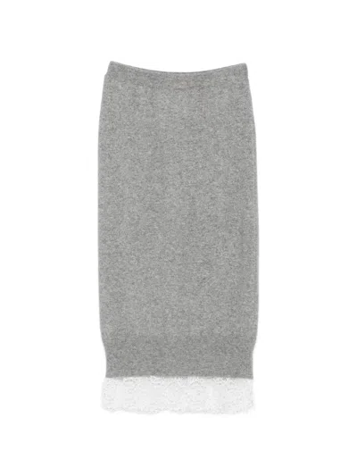 Ermanno Scervino Cashmere Midi Skirt Lace Trim Knit In Gray